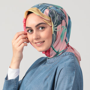 Pamuk İpek Eşarp - Tropik Desen - Pudra