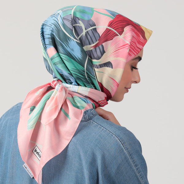 Pamuk İpek Eşarp - Tropik Desen - Pudra