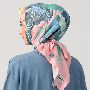 Pamuk İpek Eşarp - Tropik Desen - Pudra