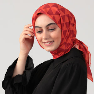 Pamuk İpek Eşarp - Üçgen Desen - Nar Çiçeği