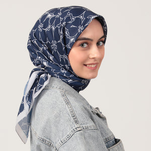 Pamuk İpek Eşarp - Yonca Desen - Koyu Lacivert