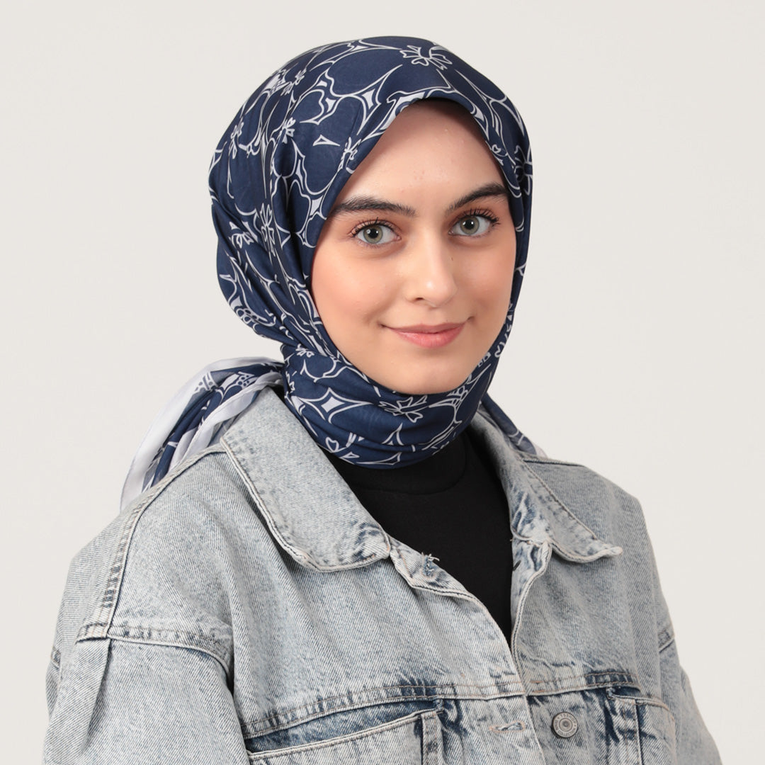 Pamuk İpek Eşarp - Yonca Desen - Koyu Lacivert