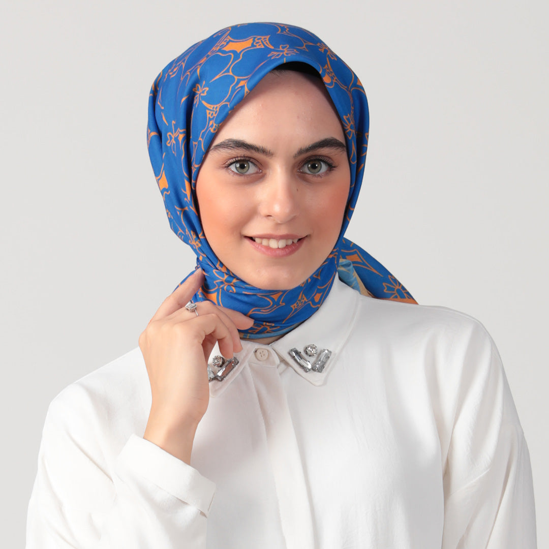 Pamuk İpek Eşarp - Yonca Desen - Saks Oranj