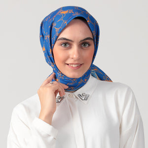 Pamuk İpek Eşarp - Yonca Desen - Saks Oranj