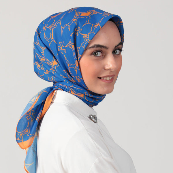 Pamuk İpek Eşarp - Yonca Desen - Saks Oranj
