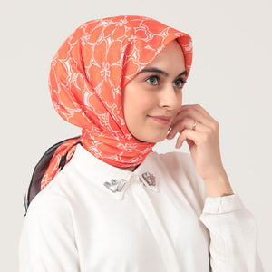 Pamuk İpek Eşarp - Yonca Desen - Siyah Turuncu