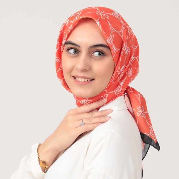 Pamuk İpek Eşarp - Yonca Desen - Siyah Turuncu
