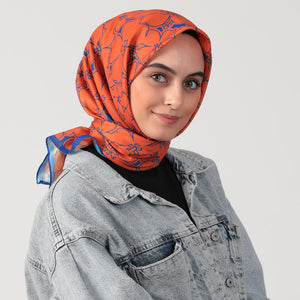 Pamuk İpek Eşarp - Yonca Desen - Turuncu