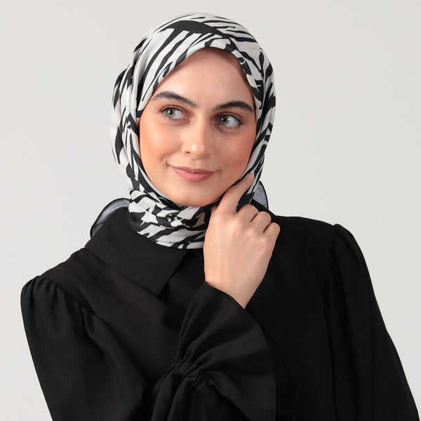 Pamuk İpek Eşarp - Zebra Desen - Siyah Beyaz