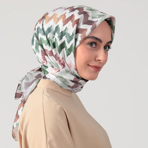 Pamuk İpek Eşarp - Zigzag Desen - Haki