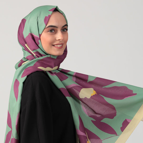 Pamuk İpek Şal - Açelya Desen - Mor Sarı