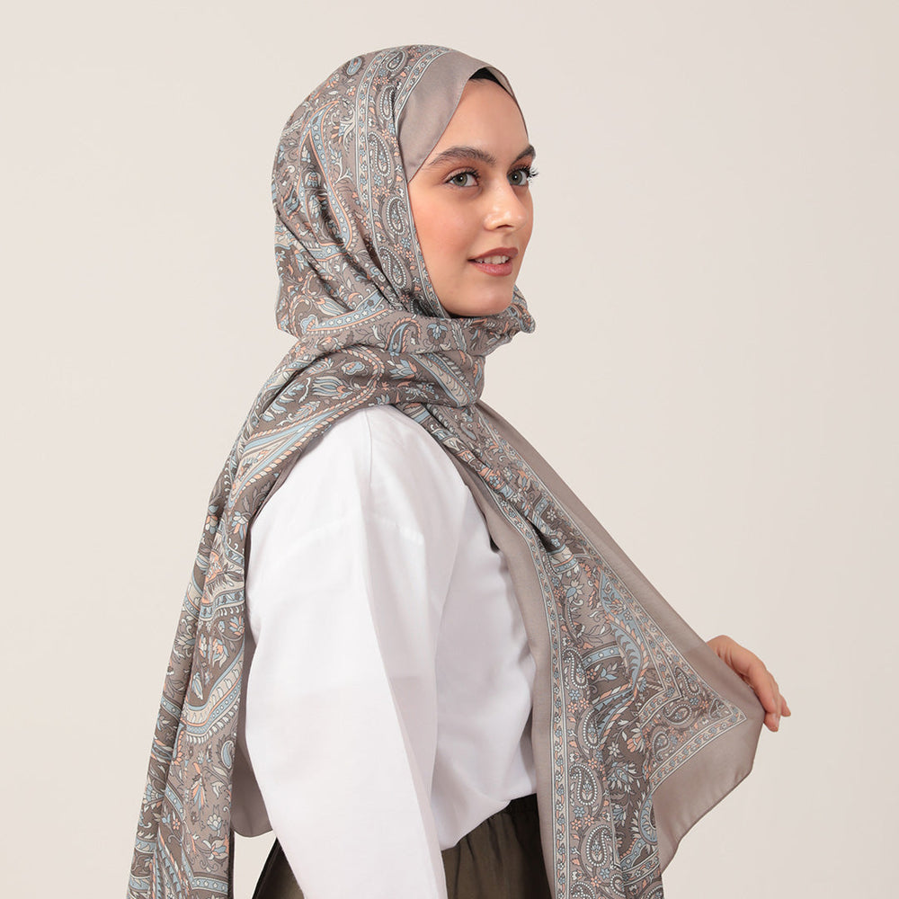 Pamuk İpek Şal - Badem Desen - Açık Vizon