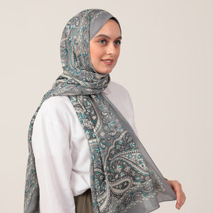 Pamuk İpek Şal - Badem Desen - Antrasit Mavi