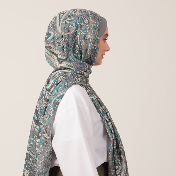 Pamuk İpek Şal - Badem Desen - Antrasit Mavi