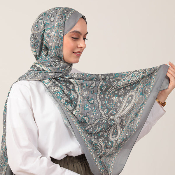 Pamuk İpek Şal - Badem Desen - Antrasit Mavi