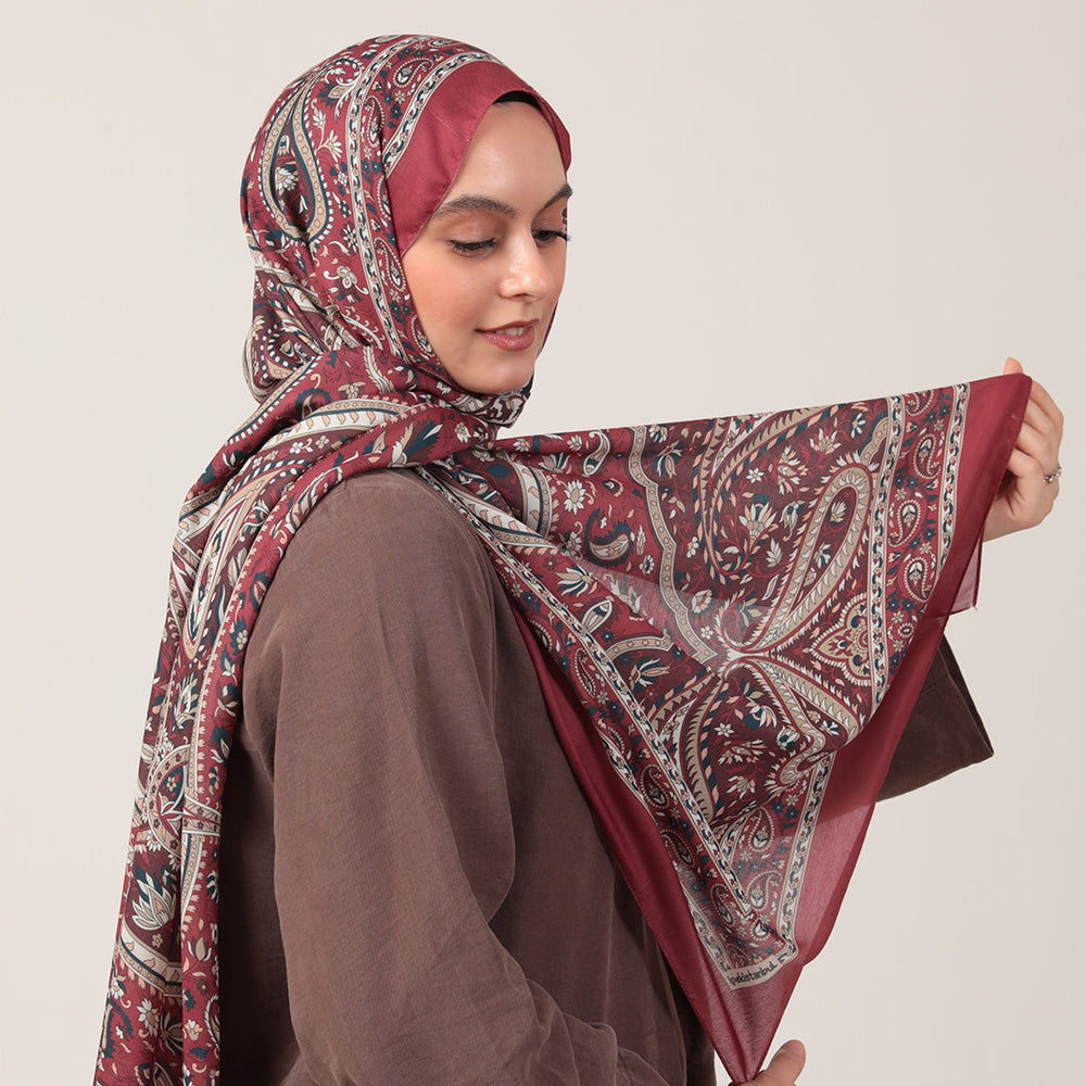 Pamuk İpek Şal - Badem Desen - Bordo