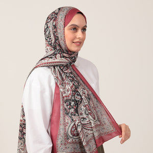 Pamuk İpek Şal - Badem Desen - Bordo Siyah
