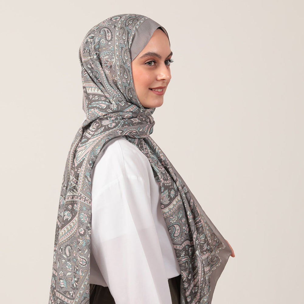Pamuk İpek Şal - Badem Desen - Gri
