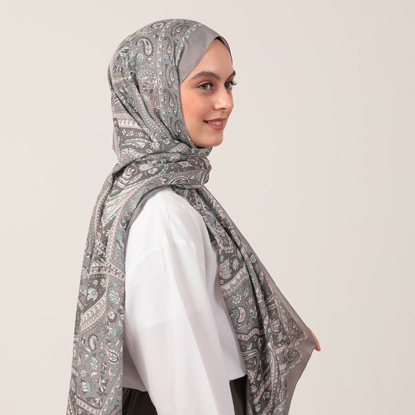 Pamuk İpek Şal - Badem Desen - Gri