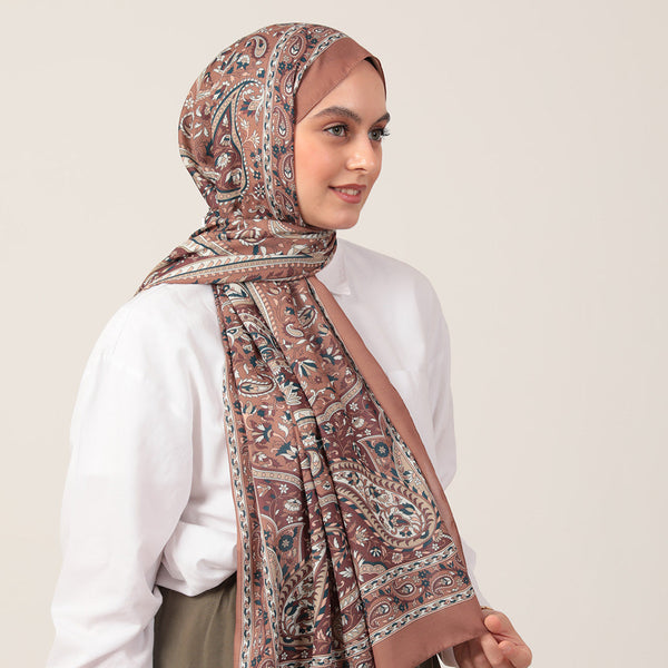 Pamuk İpek Şal - Badem Desen - Kahverengi