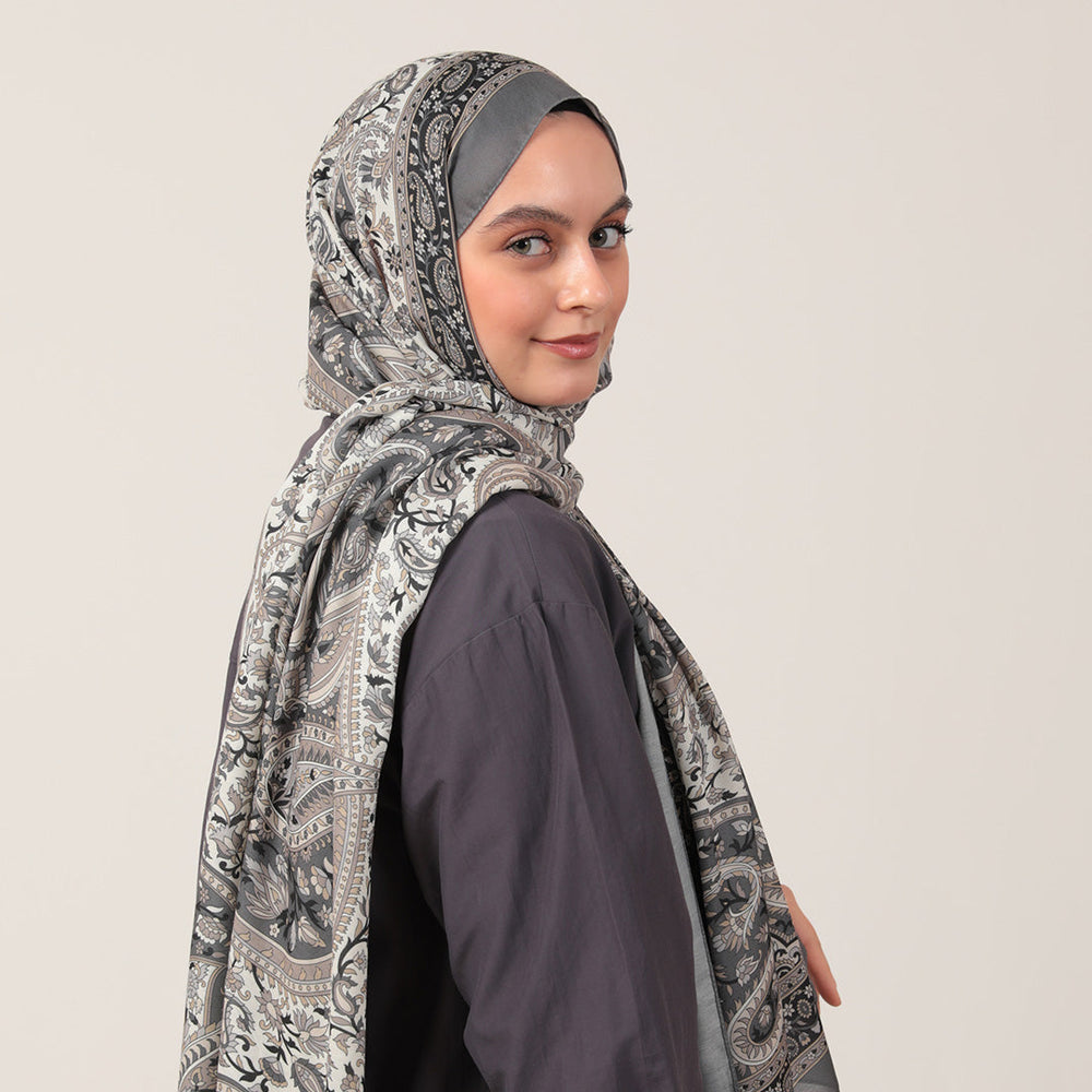 Pamuk İpek Şal - Badem Desen - Koyu Gri