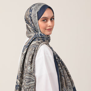 Pamuk İpek Şal - Badem Desen - Lacivert