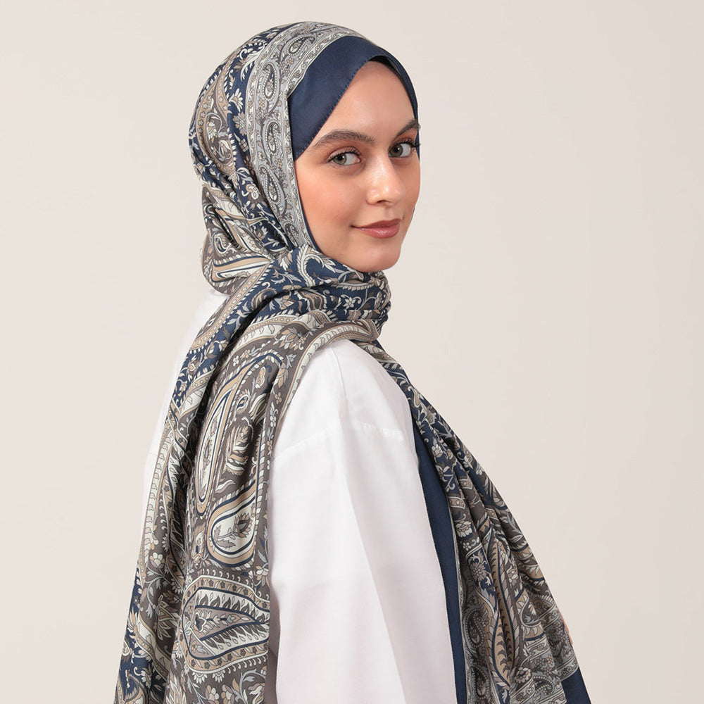 Pamuk İpek Şal - Badem Desen - Lacivert
