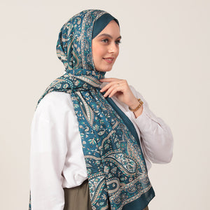 Pamuk İpek Şal - Badem Desen - Petrol Yeşili