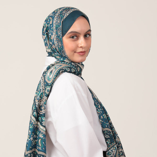 Pamuk İpek Şal - Badem Desen - Petrol Yeşili