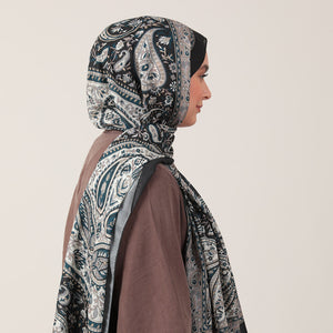 Pamuk İpek Şal - Badem Desen - Siyah Vizon