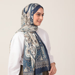 Pamuk İpek Şal - Barok Desen - Lacivert