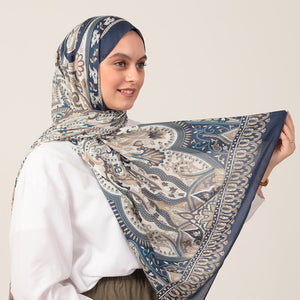 Pamuk İpek Şal - Barok Desen - Lacivert