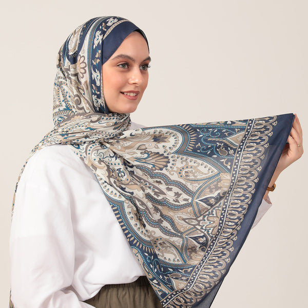 Pamuk İpek Şal - Barok Desen - Lacivert