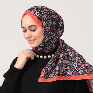 Pamuk İpek Şal - Çini Desen - Siyah Turuncu