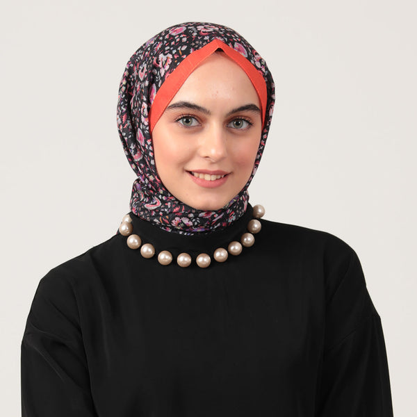 Pamuk İpek Şal - Çini Desen - Siyah Turuncu