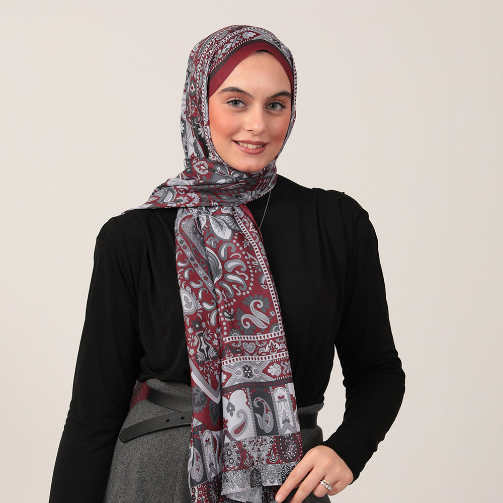 Pamuk İpek Şal - Damla Desen - Bordo Füme