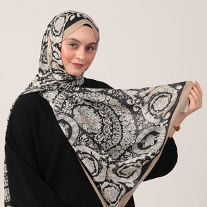 Pamuk İpek Şal - Dönence Desen - Siyah Gold