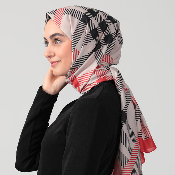 Pamuk İpek Şal - Ekose Desen - Kırmızı