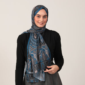 Pamuk İpek Şal - Etnich Desen - Kot Mavisi