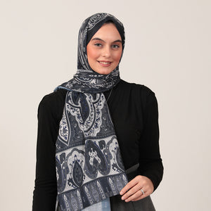 Pamuk İpek Şal - Etnich Desen - Lacivert Krem