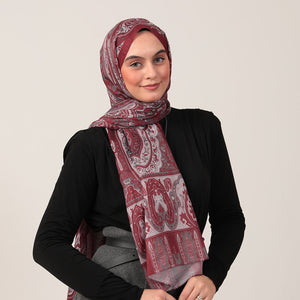 Pamuk İpek Şal - Etnich Desen - Vişne
