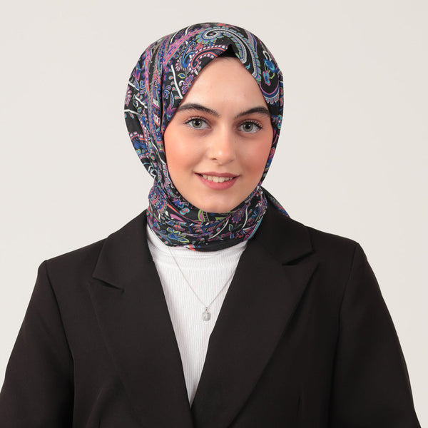 Pamuk İpek Şal - Etnik Desen - Saks Mavisi