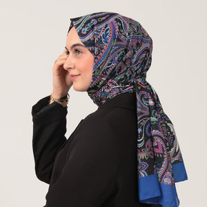 Pamuk İpek Şal - Etnik Desen - Saks Mavisi