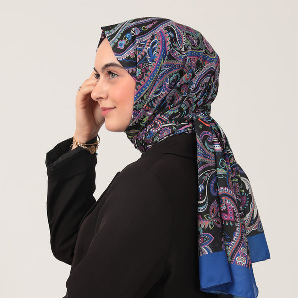 Pamuk İpek Şal - Etnik Desen - Saks Mavisi