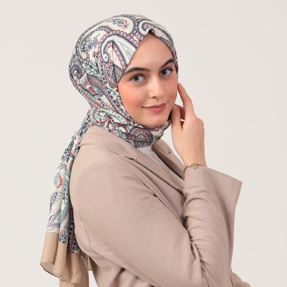 Pamuk İpek Şal - Etnik Desen - Vizon