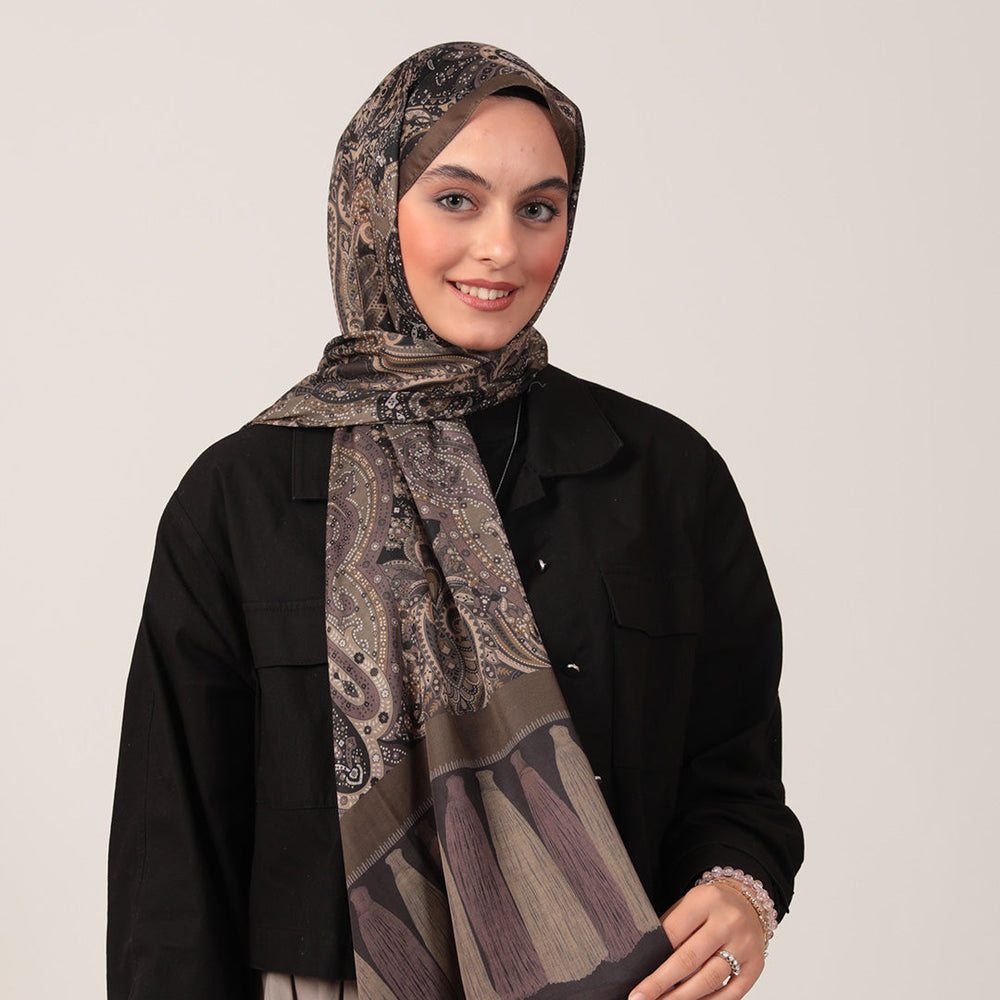 Pamuk İpek Şal - Etro Püskül Desen - Haki Kahve