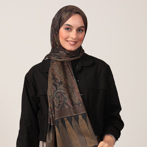 Pamuk İpek Şal - Etro Püskül Desen - Koyu Haki