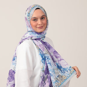Pamuk İpek Şal - Floral Desen - Gri