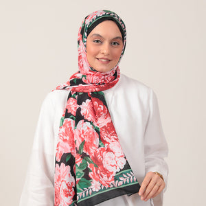 Pamuk İpek Şal - Floral Desen - Kırmızı