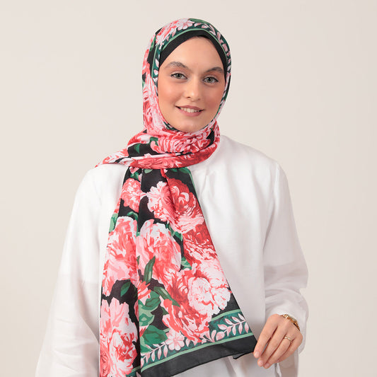 Pamuk İpek Şal - Floral Desen - Kırmızı